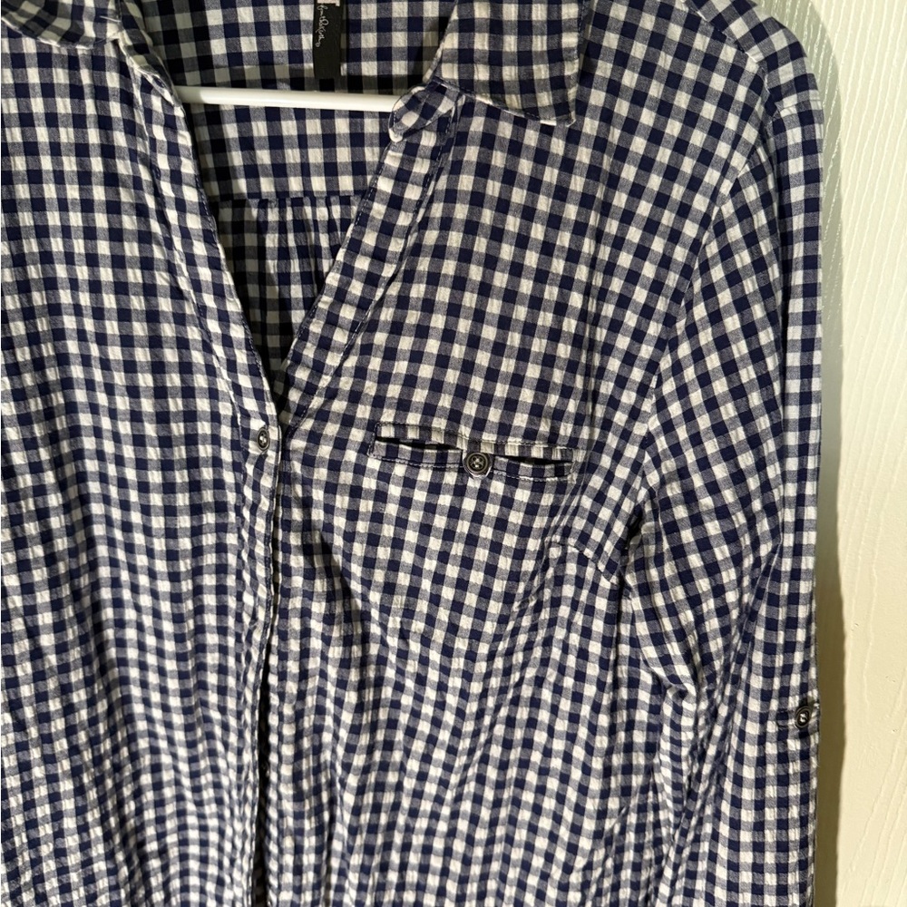 Kut from the Kloth Women’s Button Up Shirt Plaid Gingham Cotton Navy White Sz XL - Picture 3 of 8
